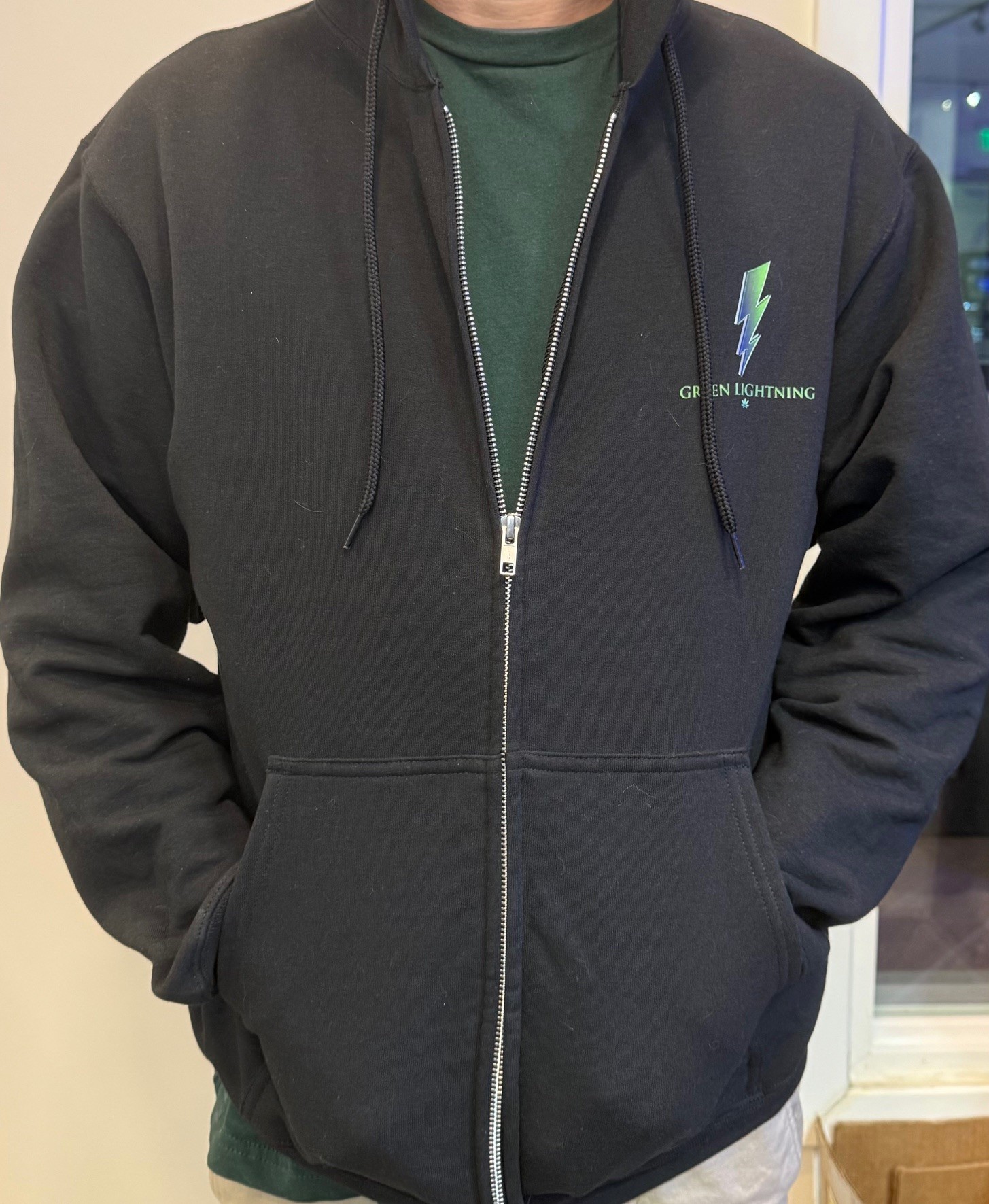Photograph of product: Green Lightning ~ Full-Zip Sweatshirt ~ Black ~ X Large