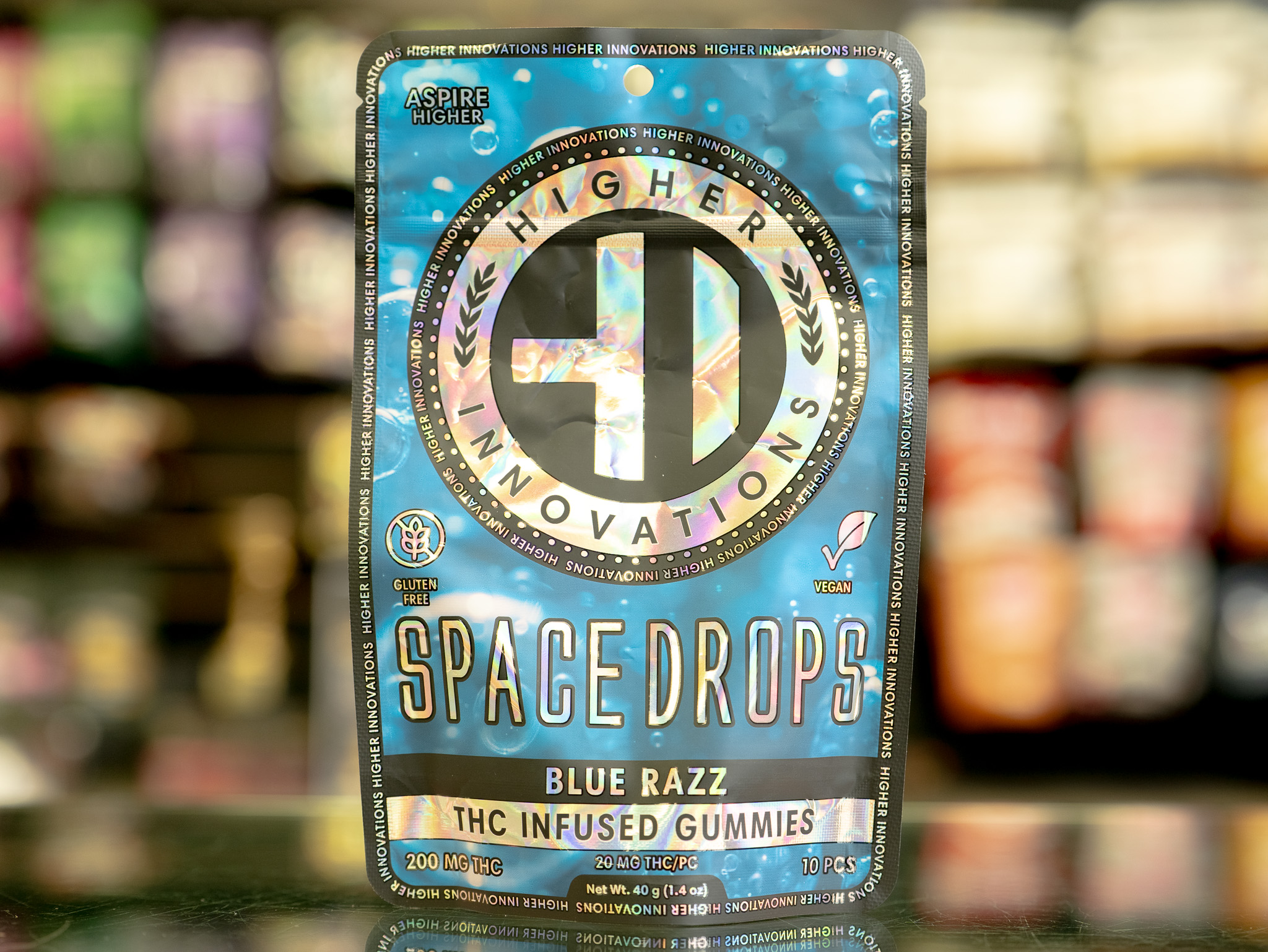 Photograph of product: Higher Innovations | Blue Razz Space Drops  | 200mg/10pc Gummies