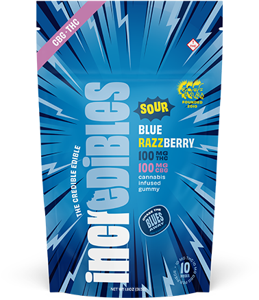 Photograph of product: Incredibles - Sour Blue Raspberry 1:1 TH-oui:CBG Gummies 100mg