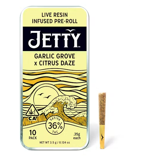 Photograph of product: Jetty Garlic Grove x Citrus Daze Sativa Live Resin Prerolls 0.35Gx10PK