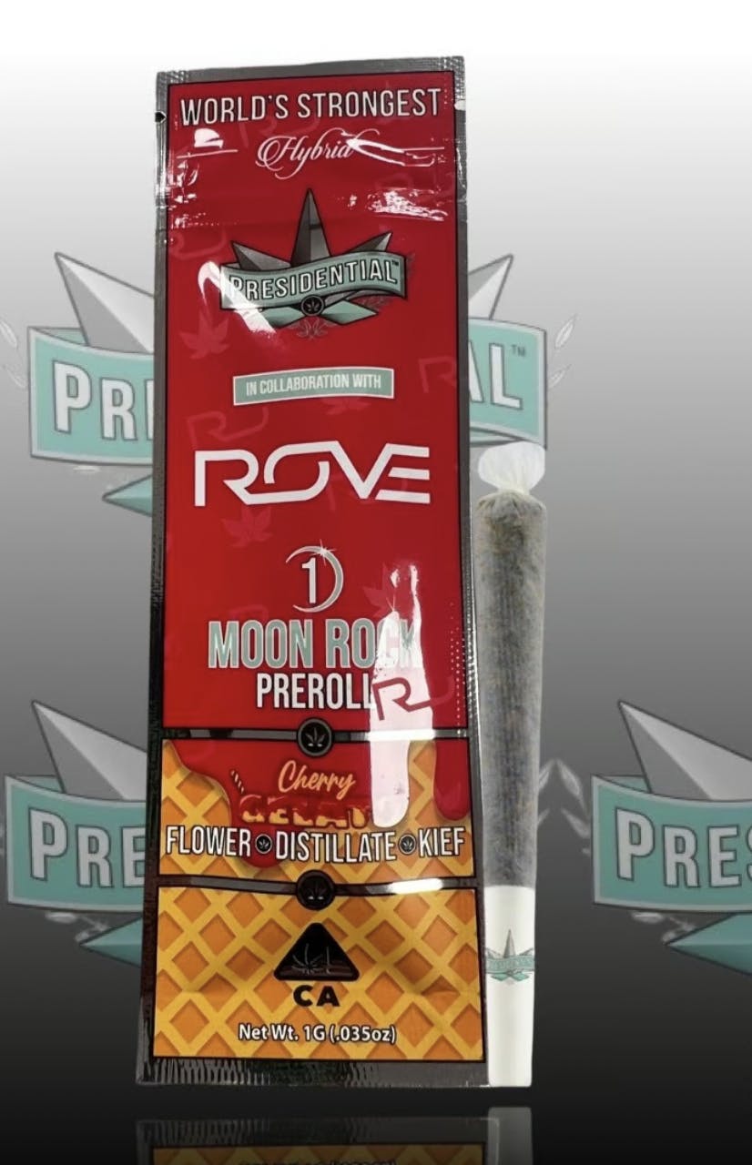 Photograph of product: CHERRY GELATO - MOON ROCK INFUSED -  PREROLL -  HYBRD - PRESIDENTIAL X ROVE