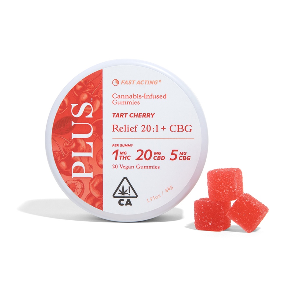 Photograph of product: PLUS+ Gummies Tart Cherry 20:5:1 CBD/CBG/TH-oui $22 or 2/$40