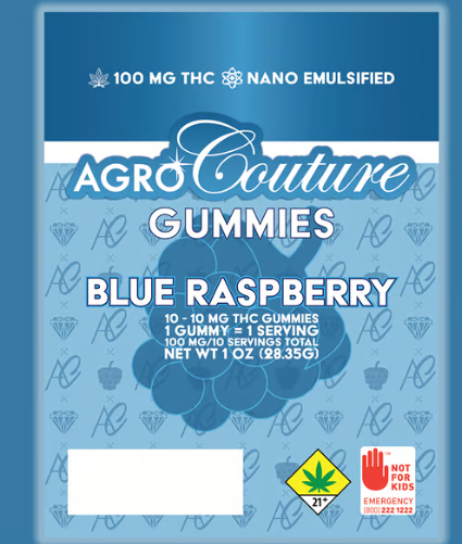Photograph of product: Blue Raspberry Gummies 100mg 10pk Agro Couture W1-135