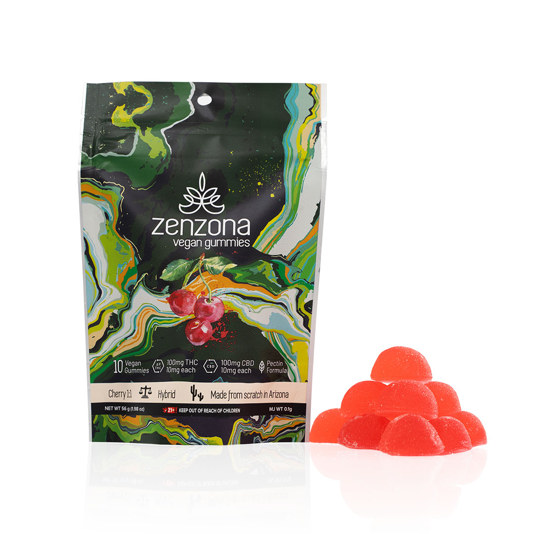 Photograph of product: zenzona Vegan Gummies 1:1 (100mg CBD/100mg TH-oui) Cherry - Hybrid