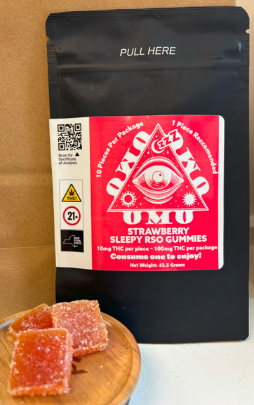 Photograph of product: OMO | Sleepy Strawberry | 10mg RSO : 1.5mg Melatonin gummy | 10-pk