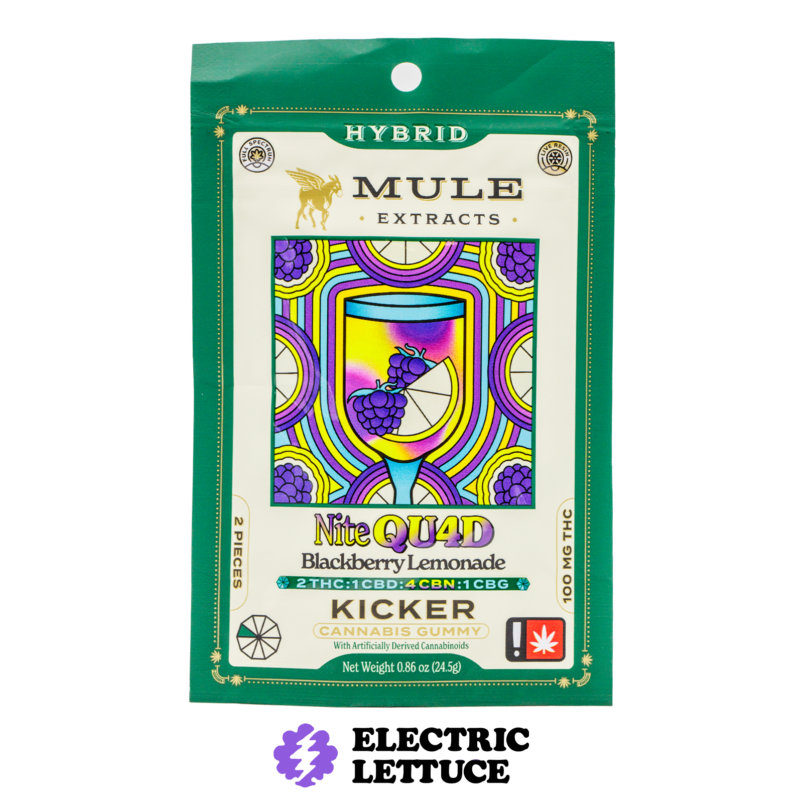 Photograph of product: Mule Extracts Blackberry Lemonade 2:1:4:1 TH-oui:CBD:CBN:CBG 2pc Kicker Gummy 100mg