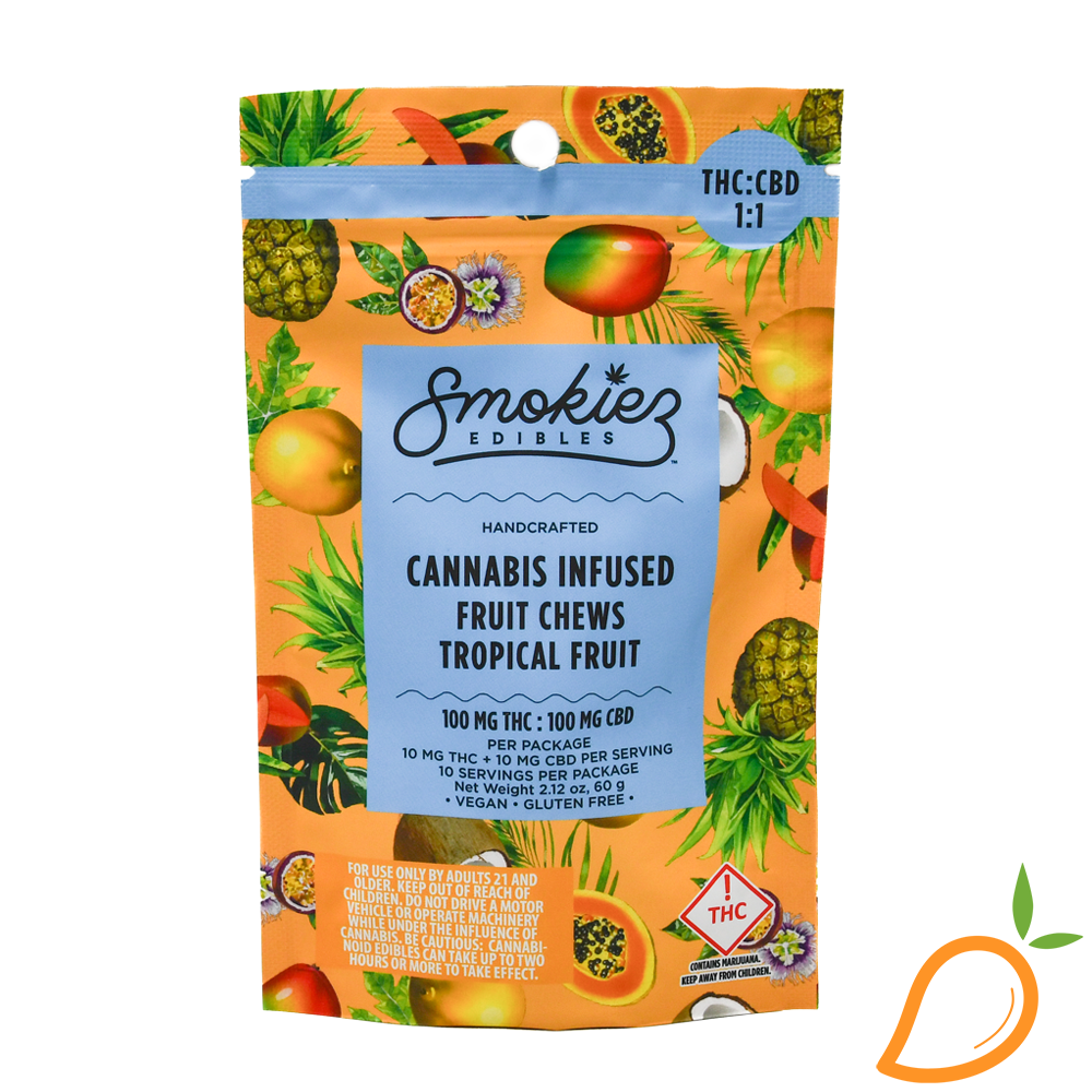 Photograph of product: 100mg 1:1 TH-oui/CBD Sweet Tropical  Fruit Chews Smokiez