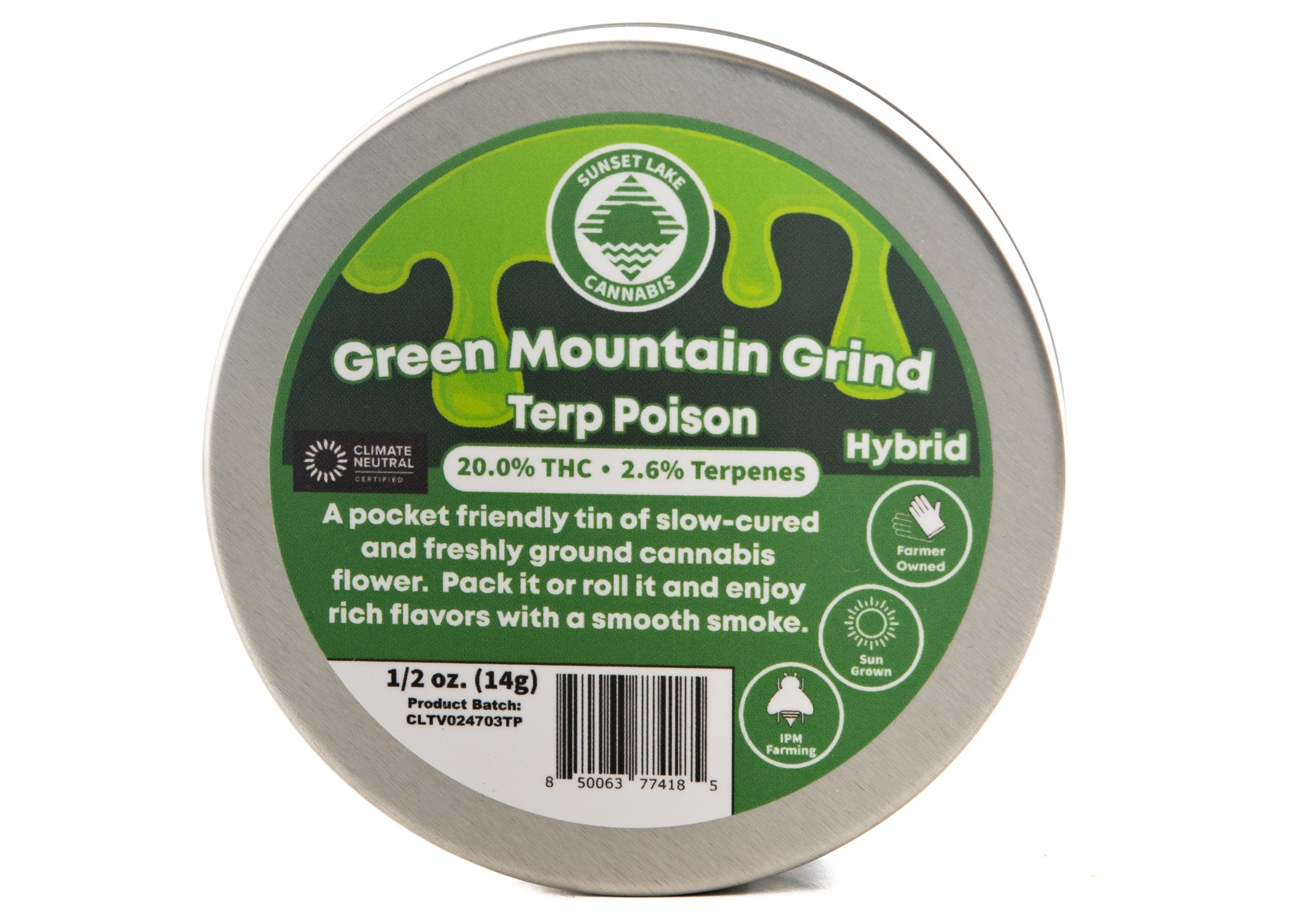 Photograph of product: Sunset Lake | Green Mountain Grind - Terp Poison Pre-Ground Flower - 14g