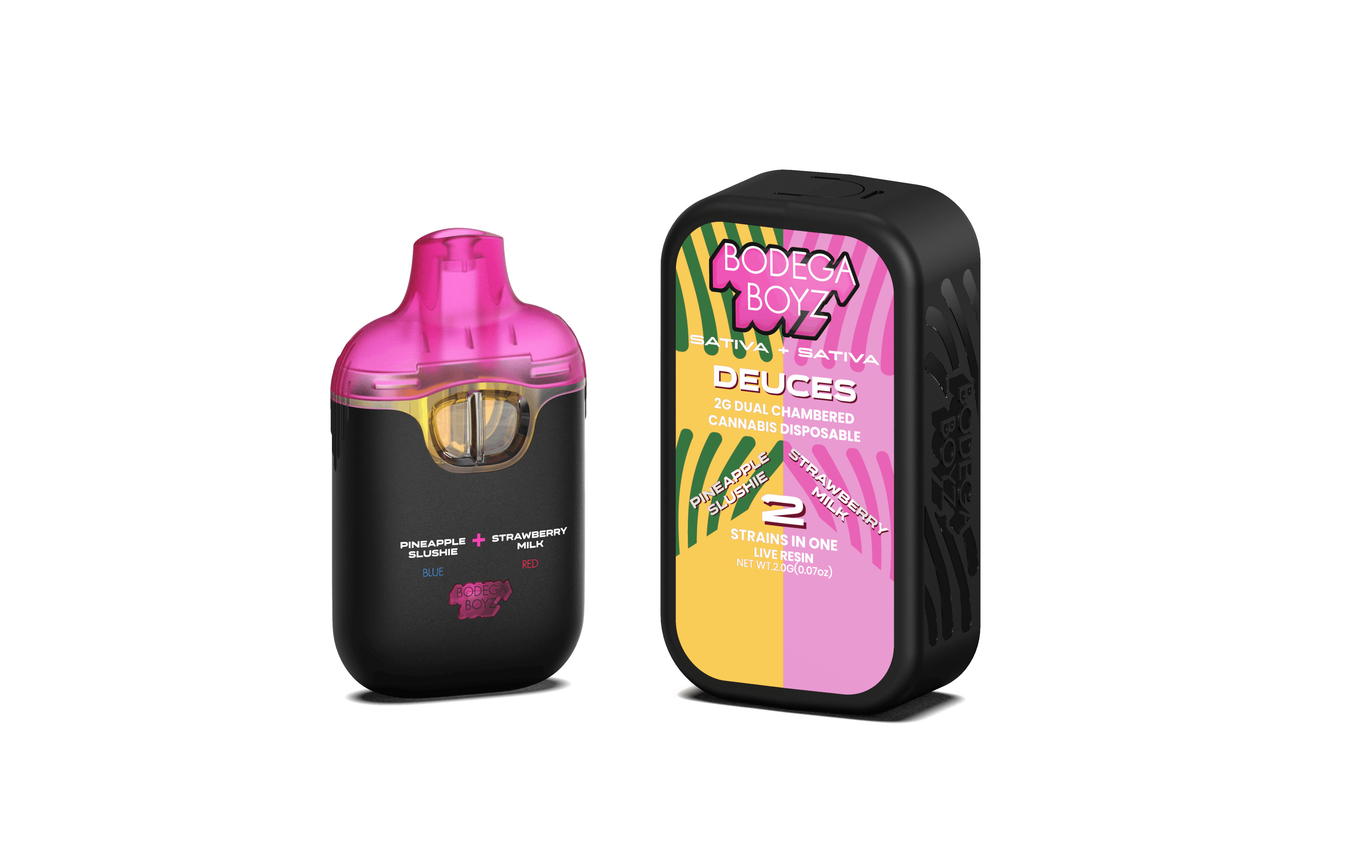 Photograph of product: BODEGA BOYZ | Pineapple Slushie X Strawberry Milk | DEUCES Live Resin Dual-Chambered | 2g AIO