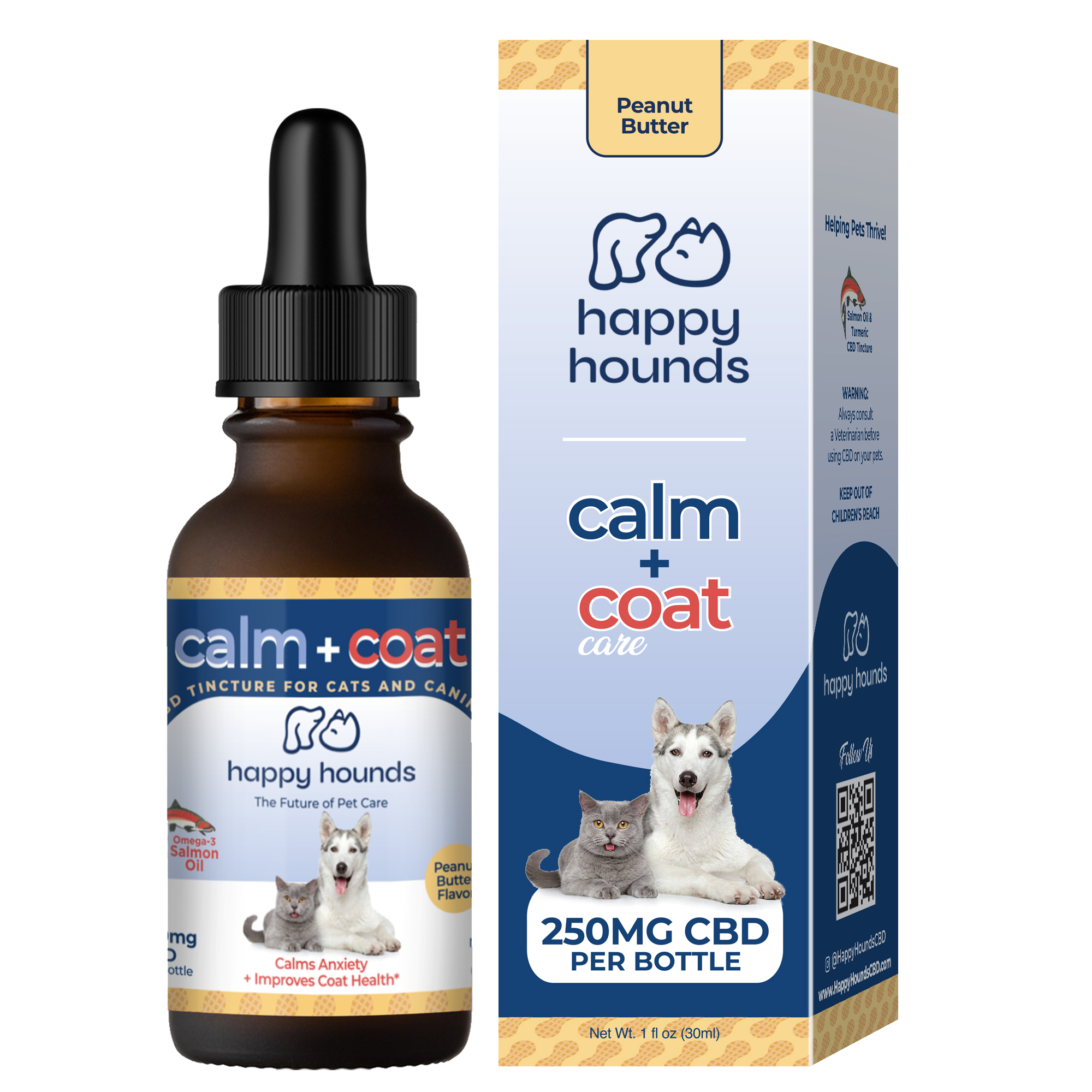Photograph of Product: Happy Hounds | Calm + Coat Oil Drops | Peanut Butter Flavored | 250mg CBD