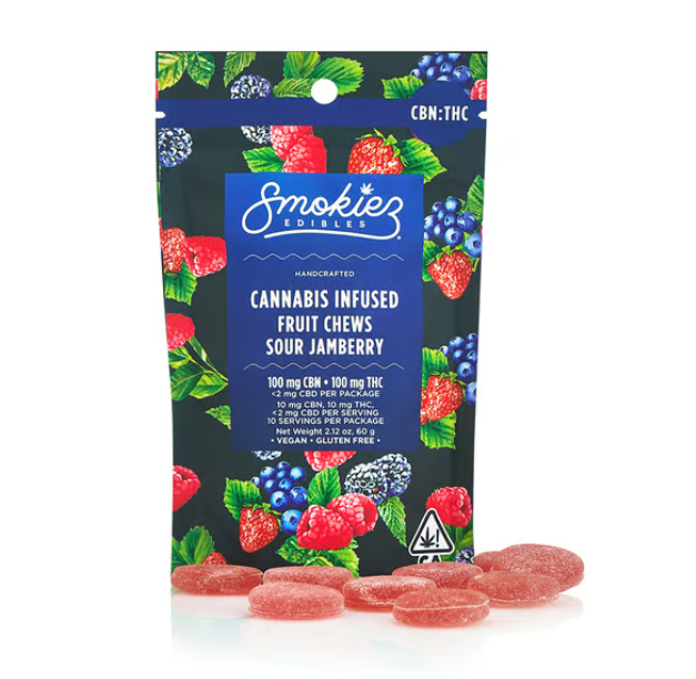 Photograph of product: Smokiez Edibles - Sour Jamberry 1:1 TH-oui:CBN 100mg 10pk Gluten-Free Vegan Gummies