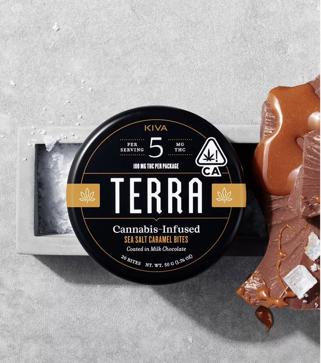 Photograph of product: KIVA I Sea Salt Caramel Terra Bites 20pk 5mg Milk Chocolate Bites