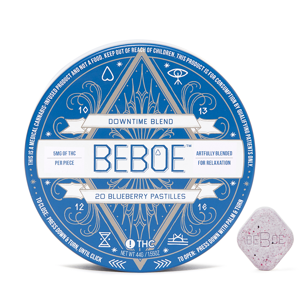 Photograph of product: BEBOE Pastille 100mg: Blueberry 1:1 TH-oui:CBD 20pc