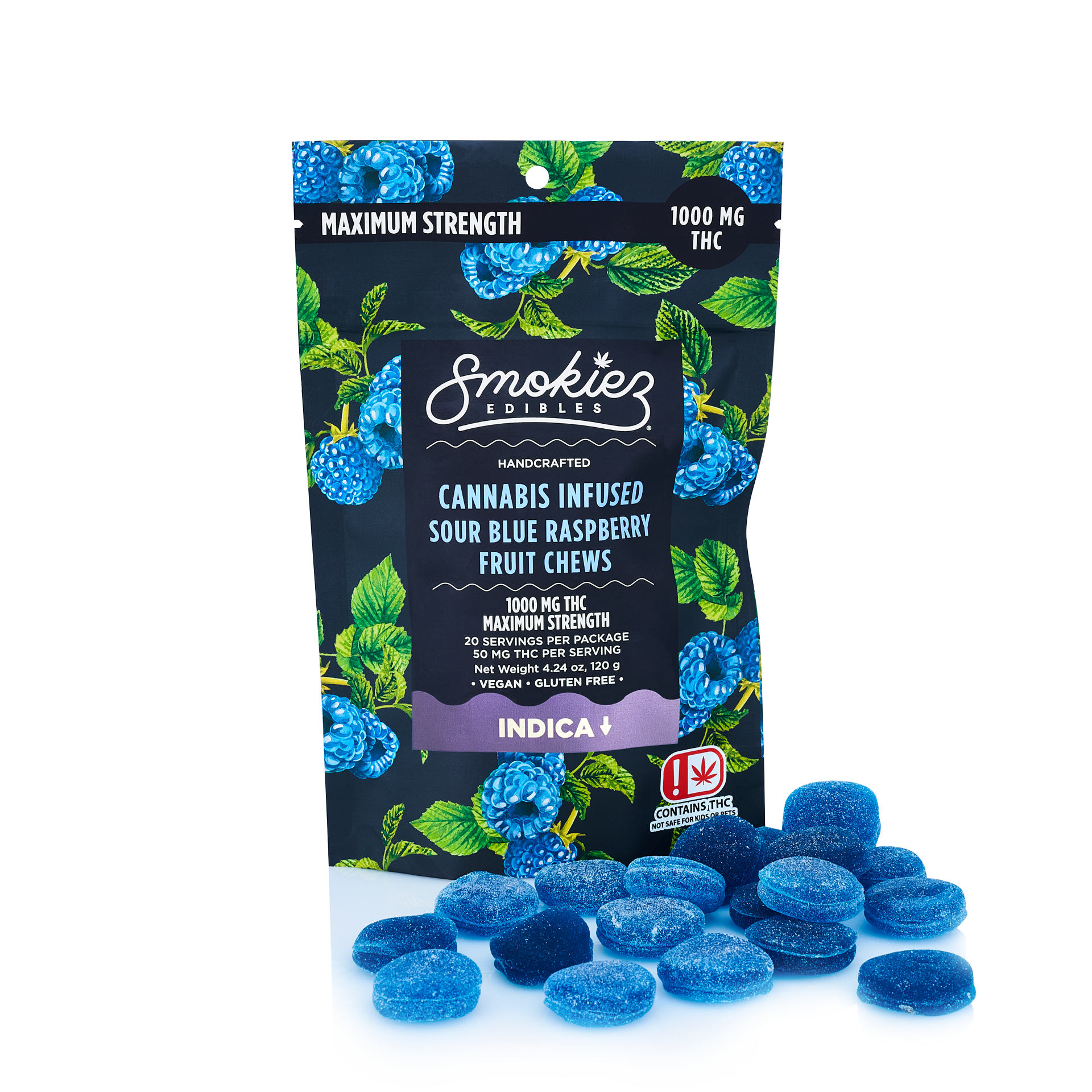 Photograph of product: Oui'd Edibles | Sour Blue Raspberry Fruit Chews 50mg 20ct, total | Smokiez
