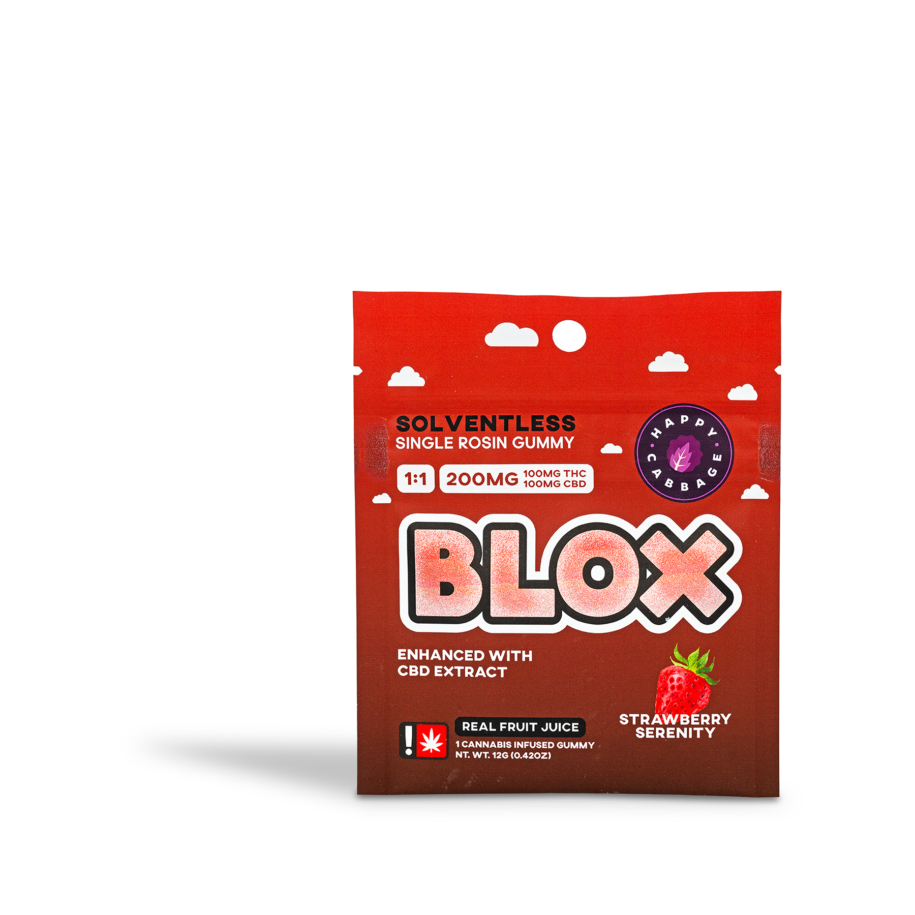 Photograph of product: Happy Cabbage - BLOX 1:1 TH-oui:CBD Strawberry Serenity au chocolat Rosin Gummy 100mg - 0.42oz