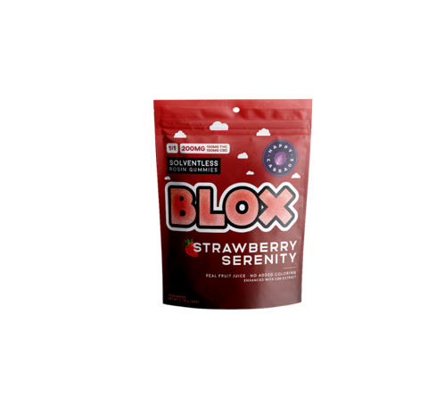 Photograph of product: BLOX | STRAWBERRY SERENITY | 1:1 TH-oui:CBD SOLVENTLESS ROSIN GUMMIES | 100MG