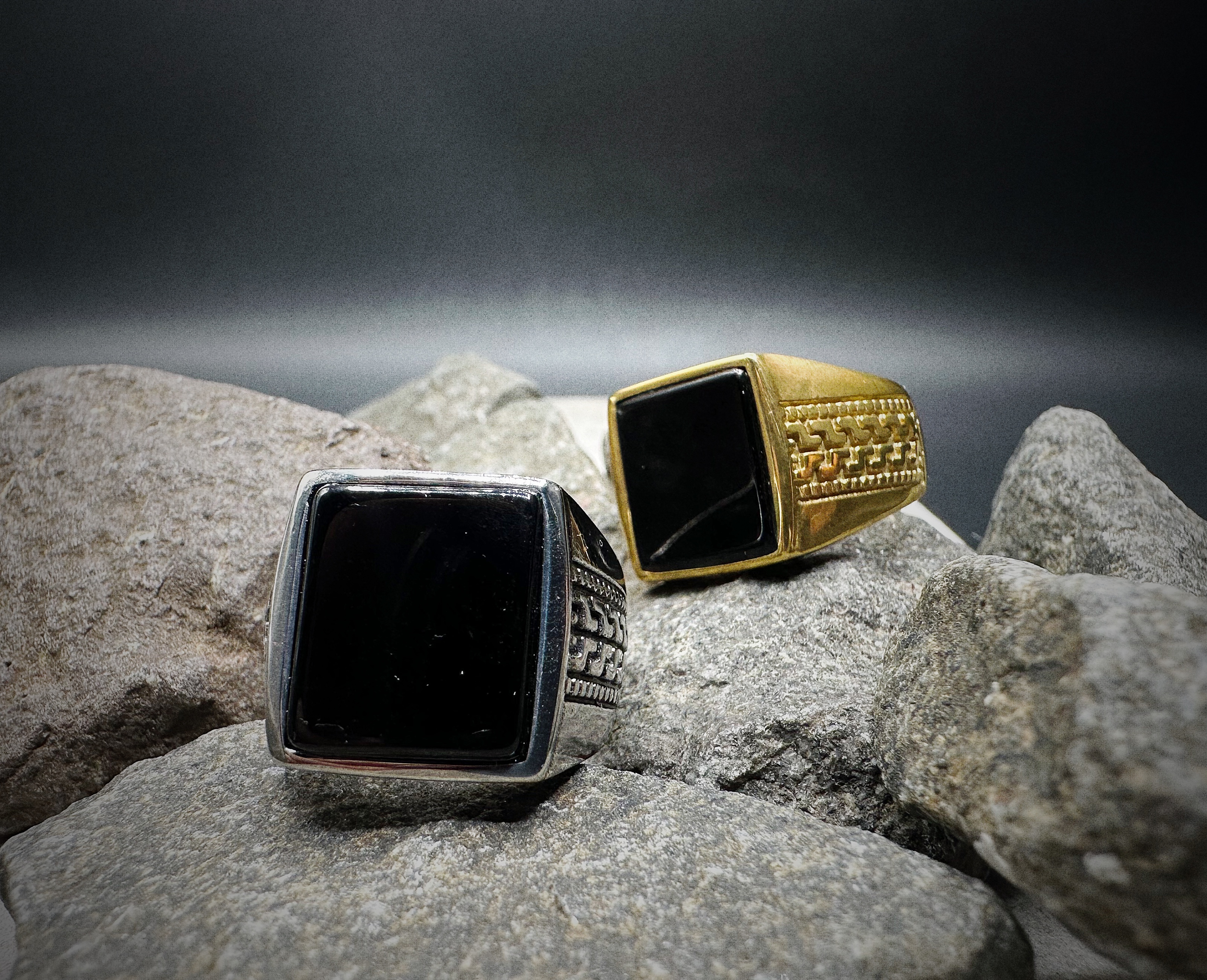 Photograph of product: Brooklyn or Bust | Men's Onyx Greca Ring in Stainless Steel