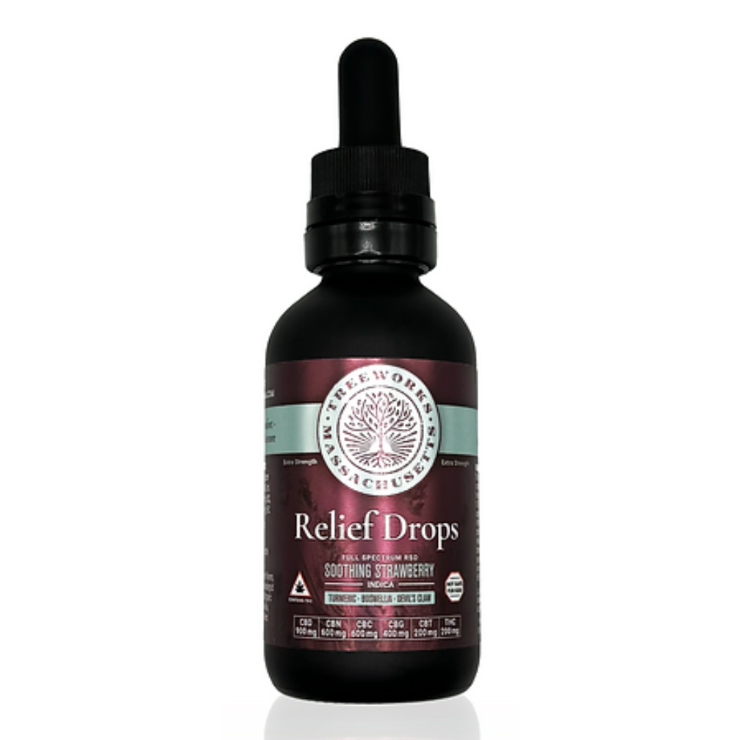 Photograph of product: Relief Drops | Soothing Strawberry | 5:4:3:2:1:1 | Full Spectrum RSO Tincture | 60ml | 200mg