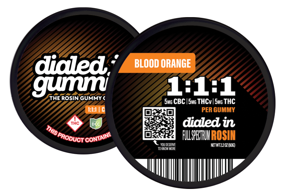 Photograph of product: Dialed In | Blood Orange 1:1:1 TH-ouiV:CBC:TH-oui 20pc | 100mg Rosin Gummies