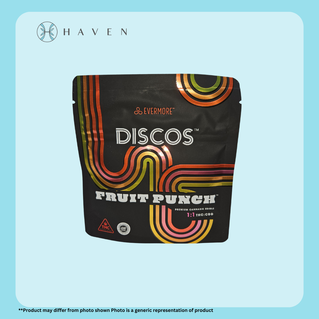 Photograph of product: 10mg Fruit Punch Discos 1:1 (TH-oui:CBG) | Evermore