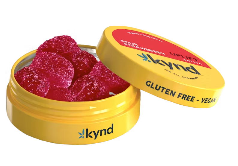Photograph of product: 100mg - 10pk - Edibles - Uplift Sour Strawberry - Kynd - REC
