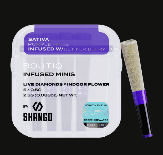 Photograph of product: Boutiq - Live Diamonds Infused Mini Prerolls 5pk - Purple Haze (S) X Blinker Berry (I) (2.5g)