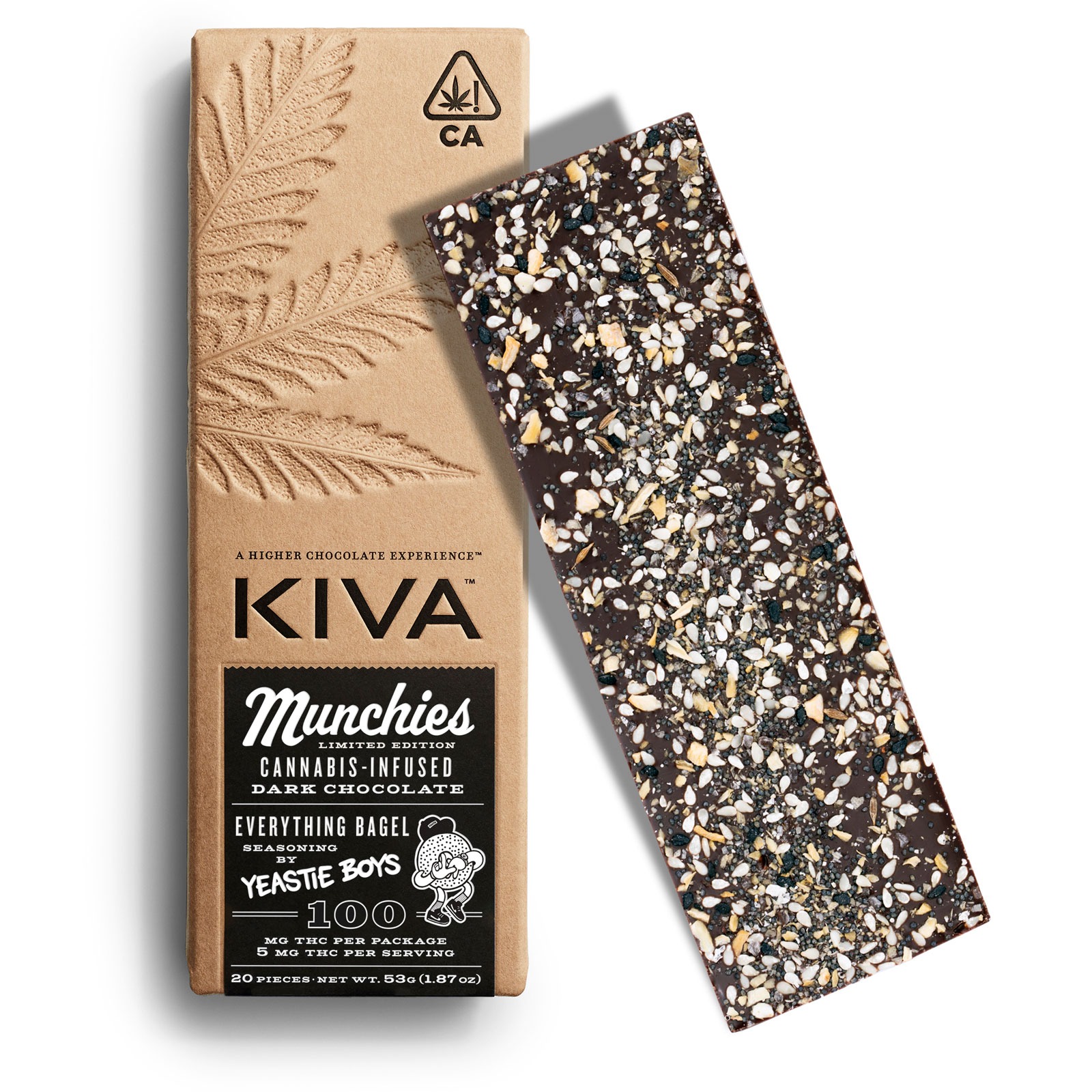 Photograph of product: Kiva | Munchies Everything Bagel | Dark Chocolate Bar | 20ct | 100mg