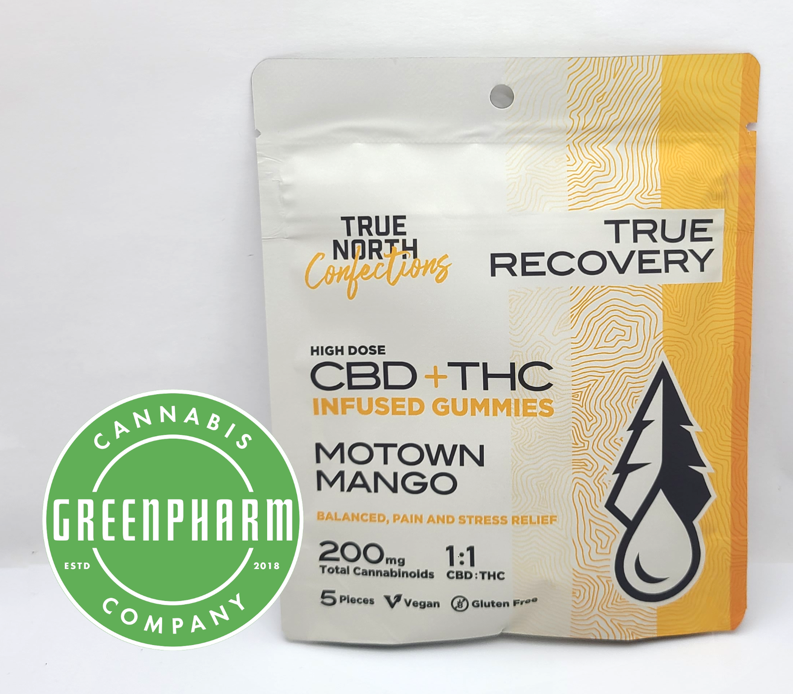 Photograph of product: Edible | True North | Motown Mango 1:1 TH-oui/CBD Gummies | 200mg