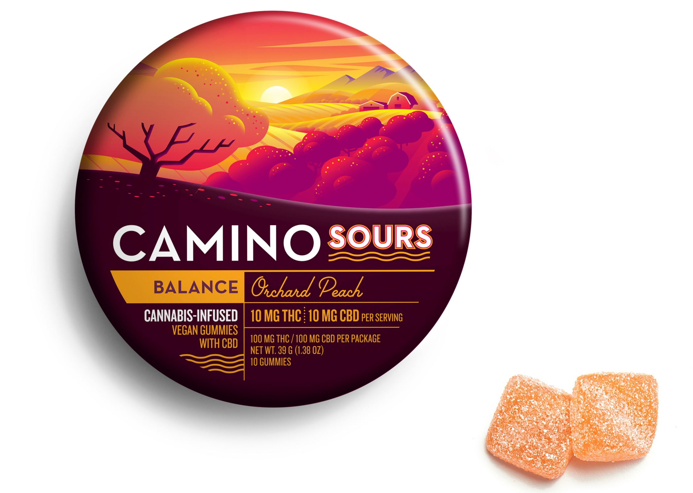 Photograph of product: KIVA Camino Sour Oui'd Infused Gummies - Balance - Orchard Peach - 1:1 - 10 pcs - 10mg THc/10mg CBd