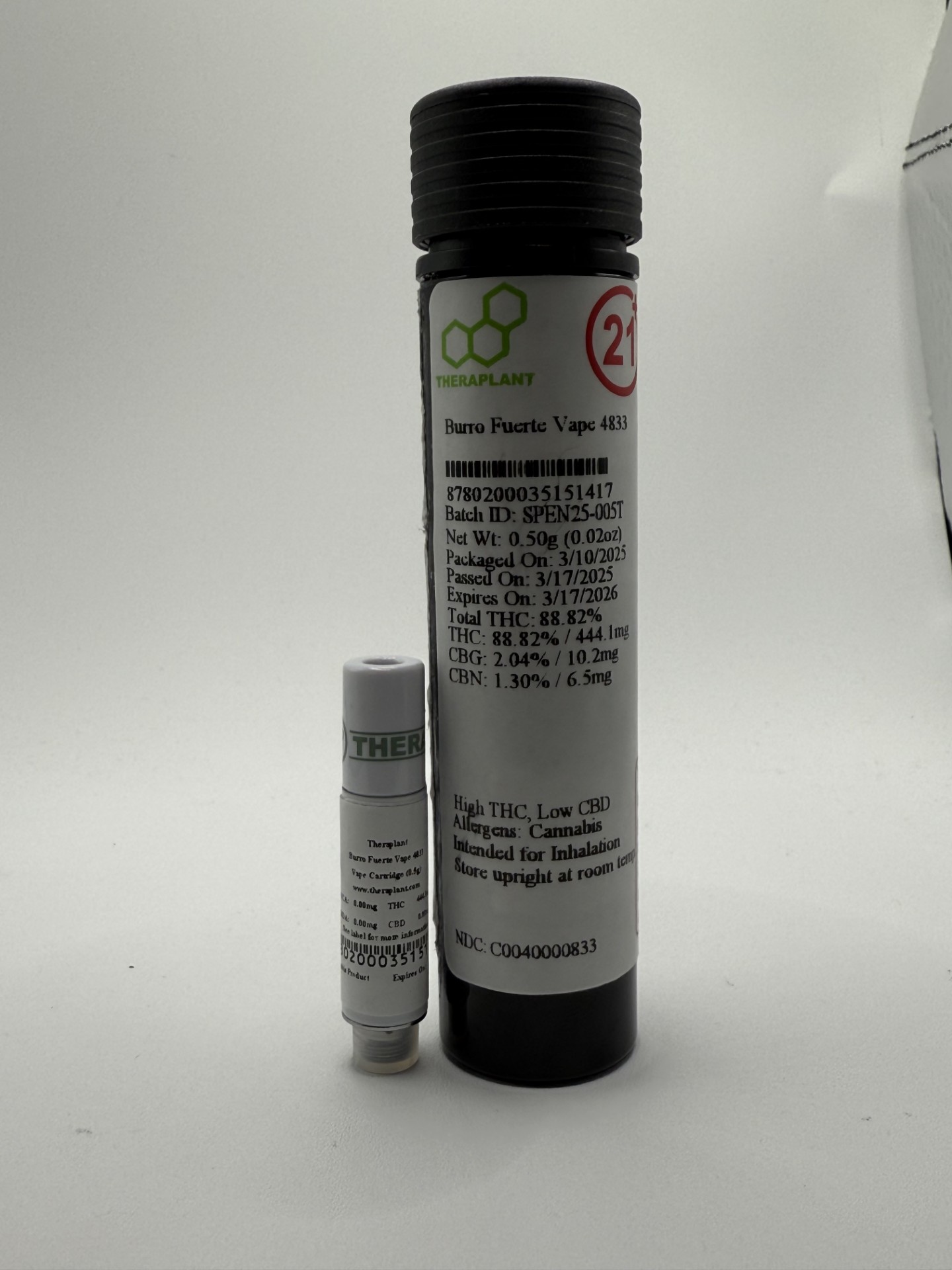 Photograph of product: Burro Fuerte | .5g Vape Cartridge ( S ) | 4833 | Theraplant