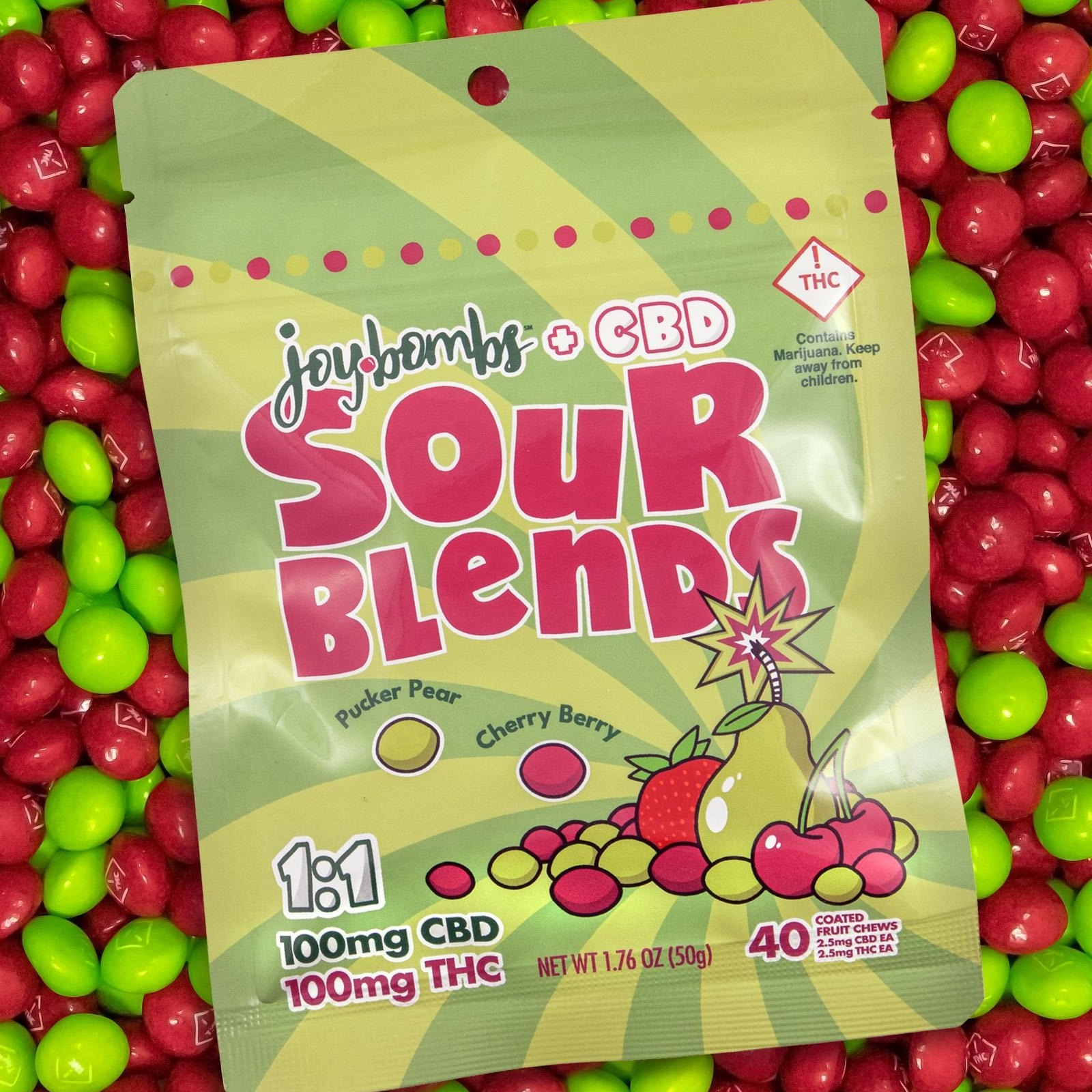 Photograph of product: Sour Blends (H) - (1:1 TH-oui:CBD) 100mg Fruit Chews - Joy Bombs