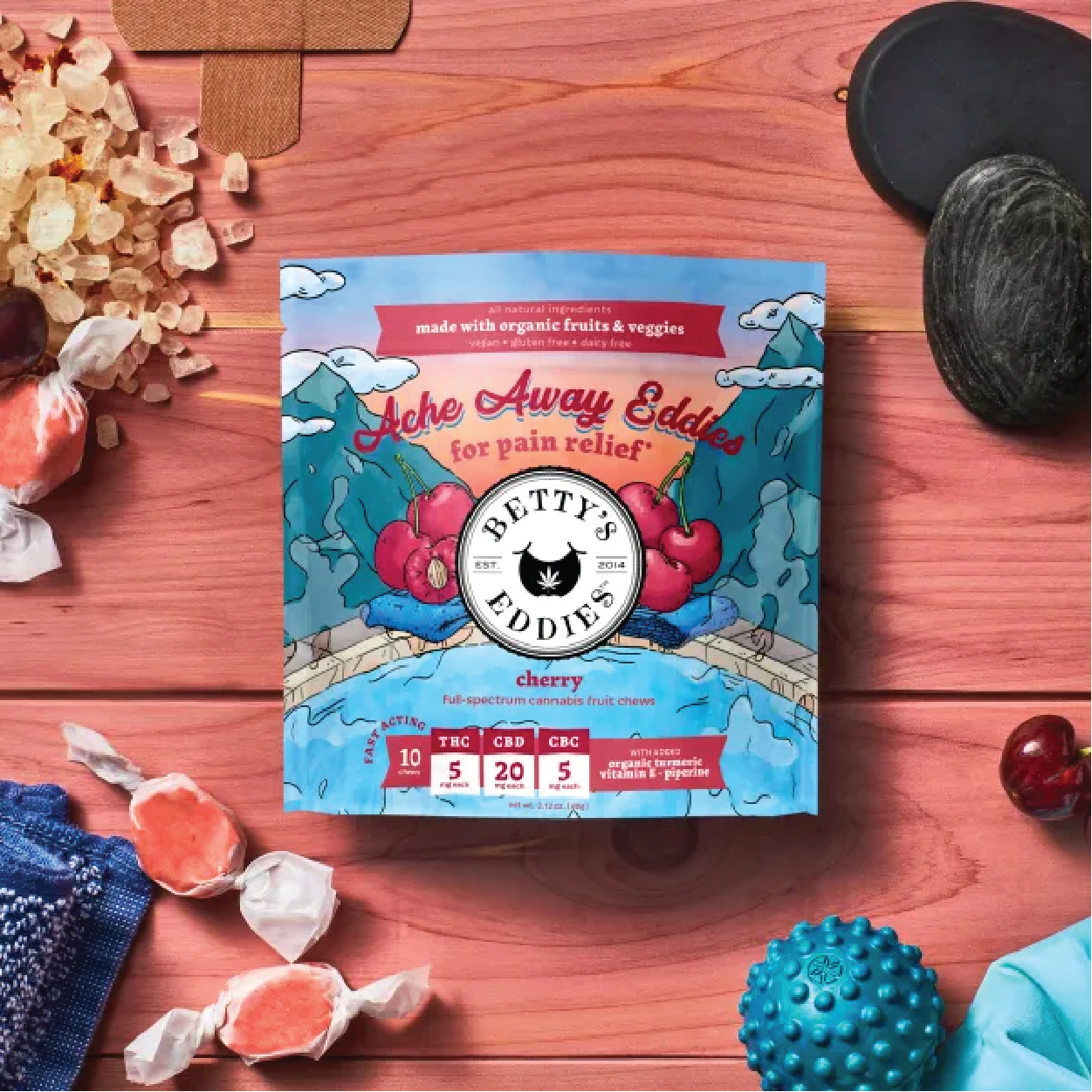 Photograph of product: Cherry | Ache Away Eddies | 1:4:1 TH-oui:CBD:CBC | Chews 10pk | 50mg