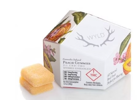 Photograph of product: WYLD PEACH 2:1 CBD:TH-oui 5PK GUMMIES 50MG