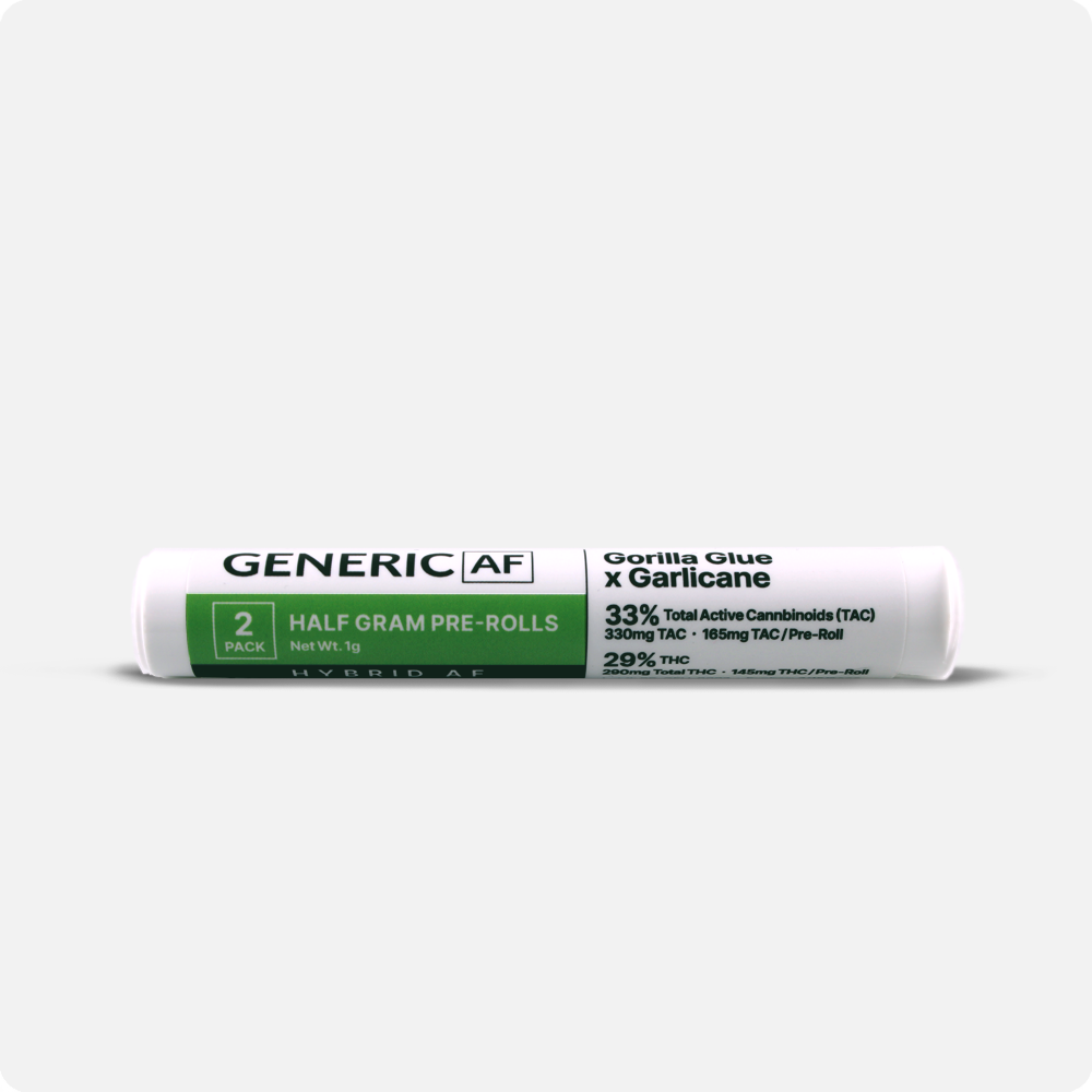 Photograph of Product: Generic AF | Prerolls | Hybrid AF: Gorilla Glue x Garlicane | 0.5g 2pk