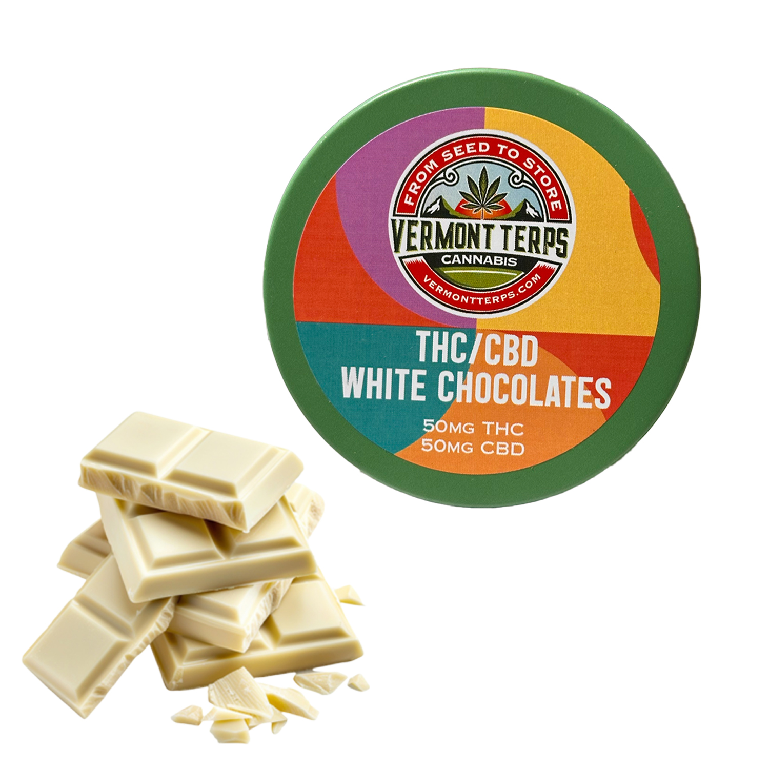 Photograph of Product: White Chocolates | 50mg 1:1 THC:CBD | Vermont Terps Cannabis