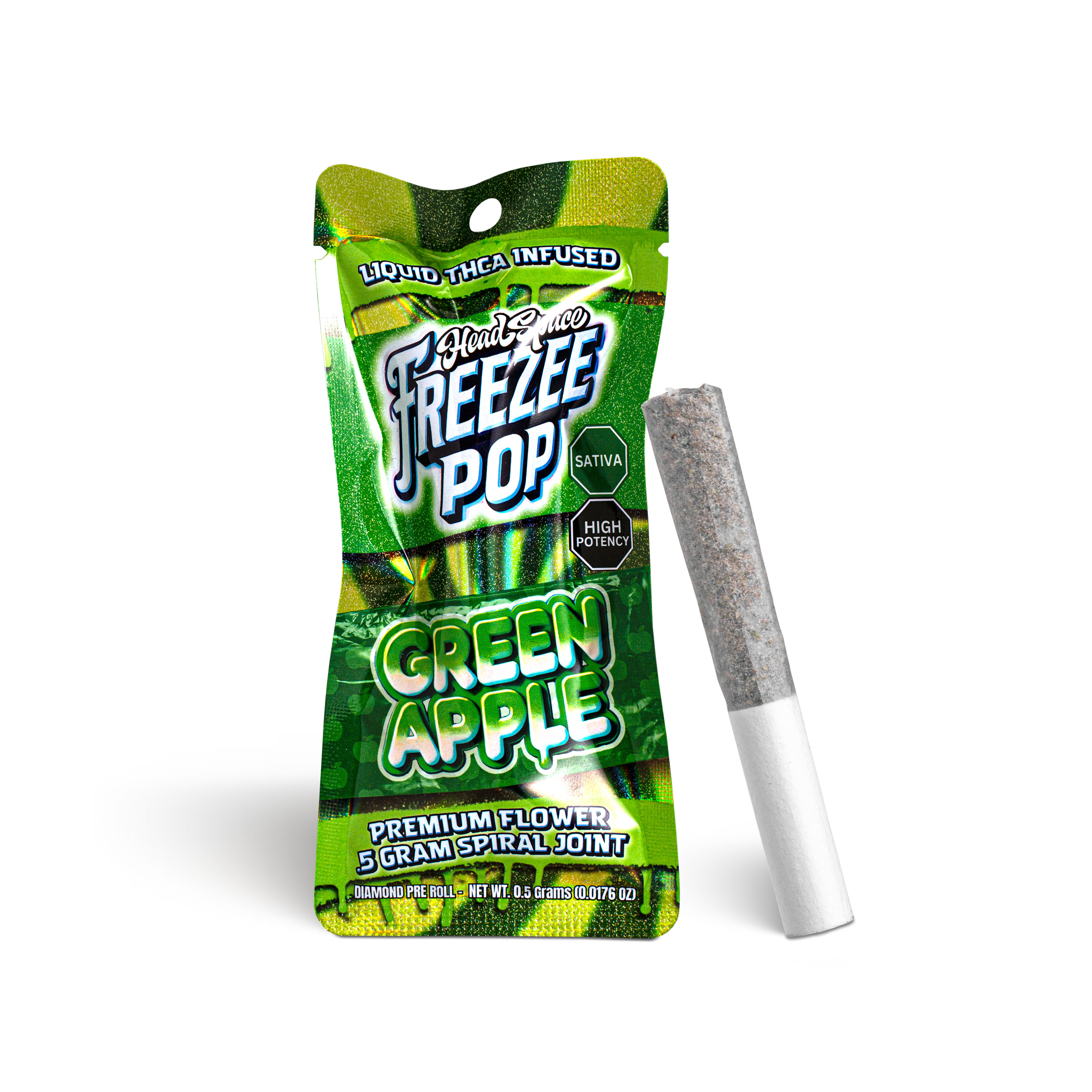 Photograph of product: Green Apple Freeze Pop TH-ouia Pre-Roll - .5g