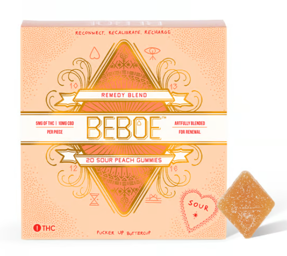 Photograph of product: BEBOE SOUR GOLDEN PEACH GUMMIES 2:1 CBD:TH-oui 20PK 100MG