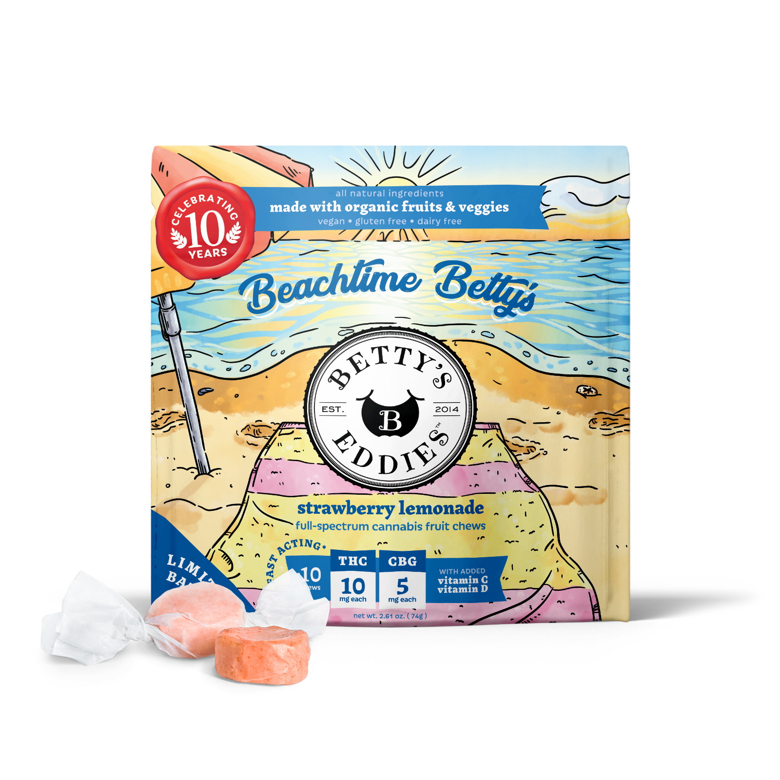 Photograph of product: Betty's Eddies - Fruit Chews Beachtime Bettys Strawberry Lemonade 50mg CBG:100mg TH-oui
