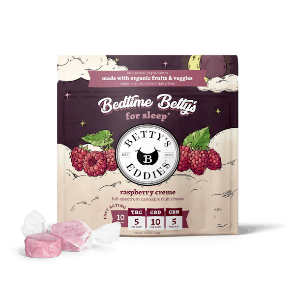 Photograph of product: Bedtime Betty's Raspberry Creme Fruit Chews 50mg