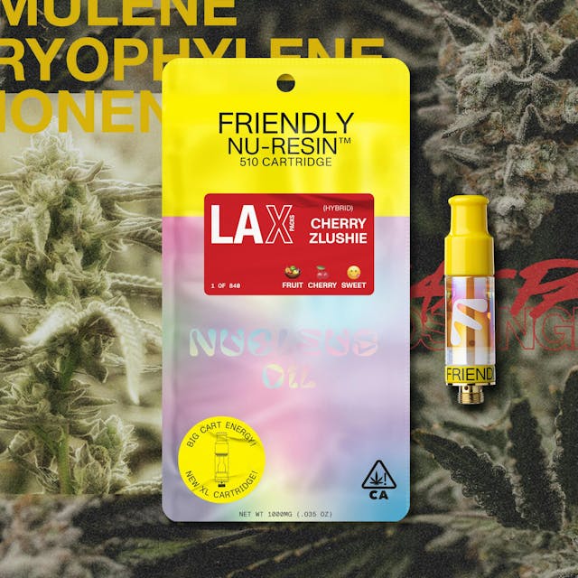 Photograph of product: Friendly Brand x LAX Packs - Cherry Zlushie - 1g Nucleus Cured Resin 510 Cart - 