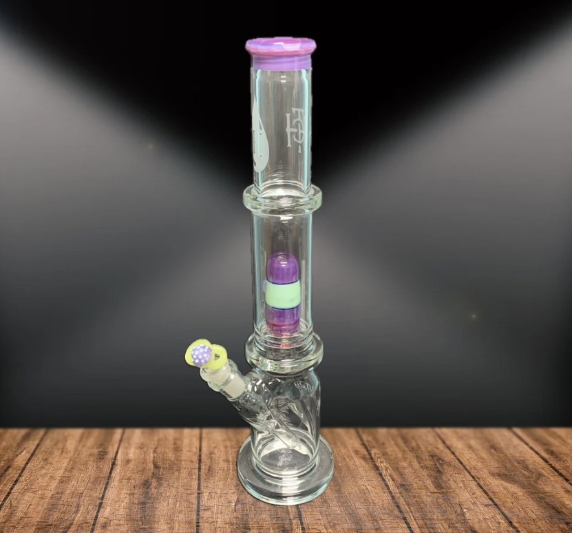 Photograph of product: Hubbard Double Percolator TH-oui Branded Colored Glass Bong