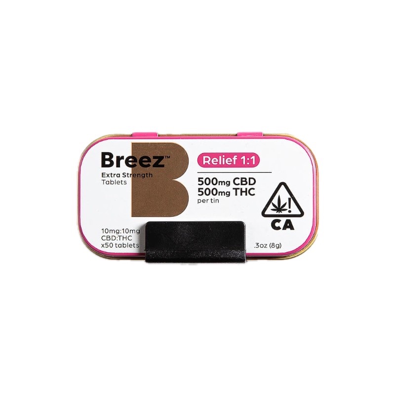 Photograph of product: BREEZ: EXTRA-STRENGTH TABLET TINS (RELIEF 500MG CBD + 500MG TH-oui)