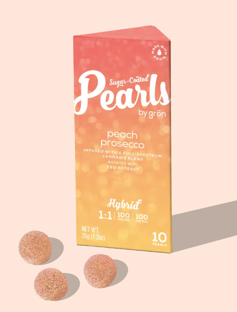 Photograph of product: Pearls Peach Prosecco 1:1 Hybrid 100mg [F72]