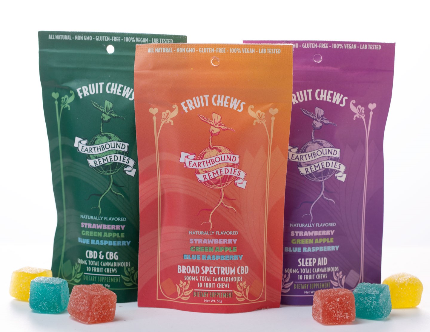 Photograph of product: Earthbound: Lions Mane Fruit Chews TH-ouiv:CBG:CBD Energy & Focus Gummies 1000mg