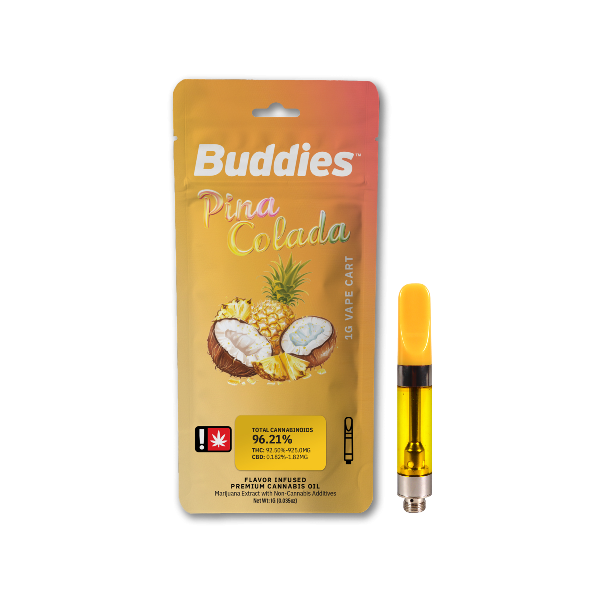 Photograph of product: Cartridge ~ Buddies ~ Flavored Distillate ~ Pina Colada ~ Green Leaf Special