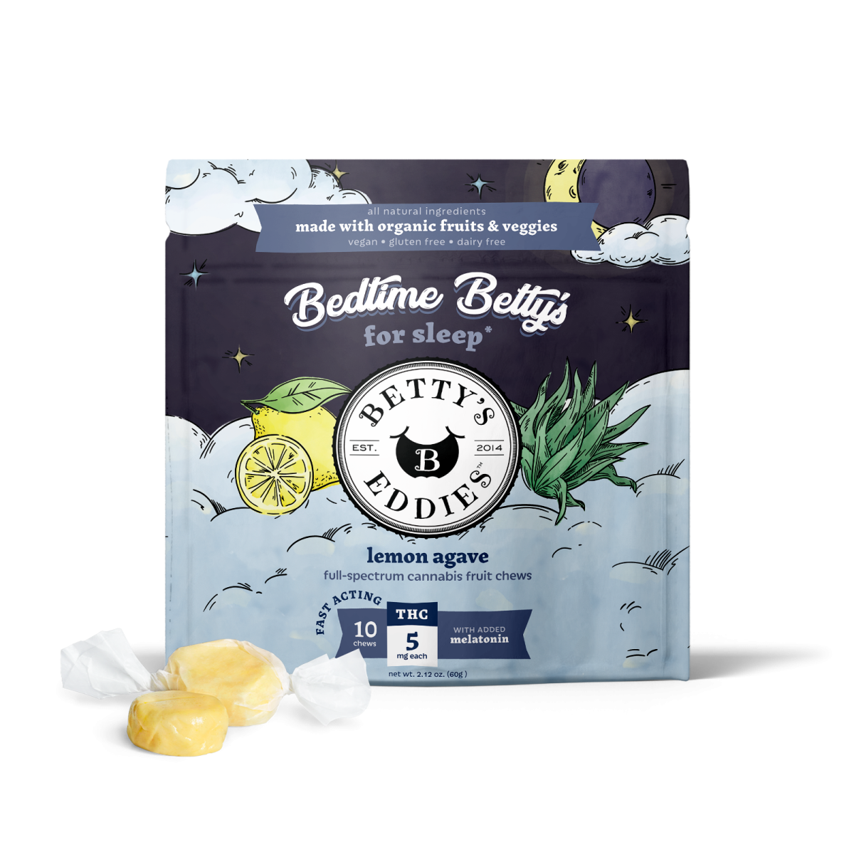 Photograph of product: Betty's Eddies - Bedtime Fruit Chews 50mg - Lemon Agave