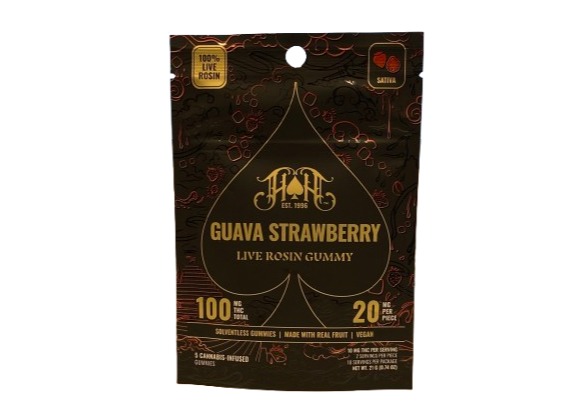 Photograph of product: Heavy Hitters Live Rosin Gummies - Guava Strawberry (Oui'd) 100mg 5pk