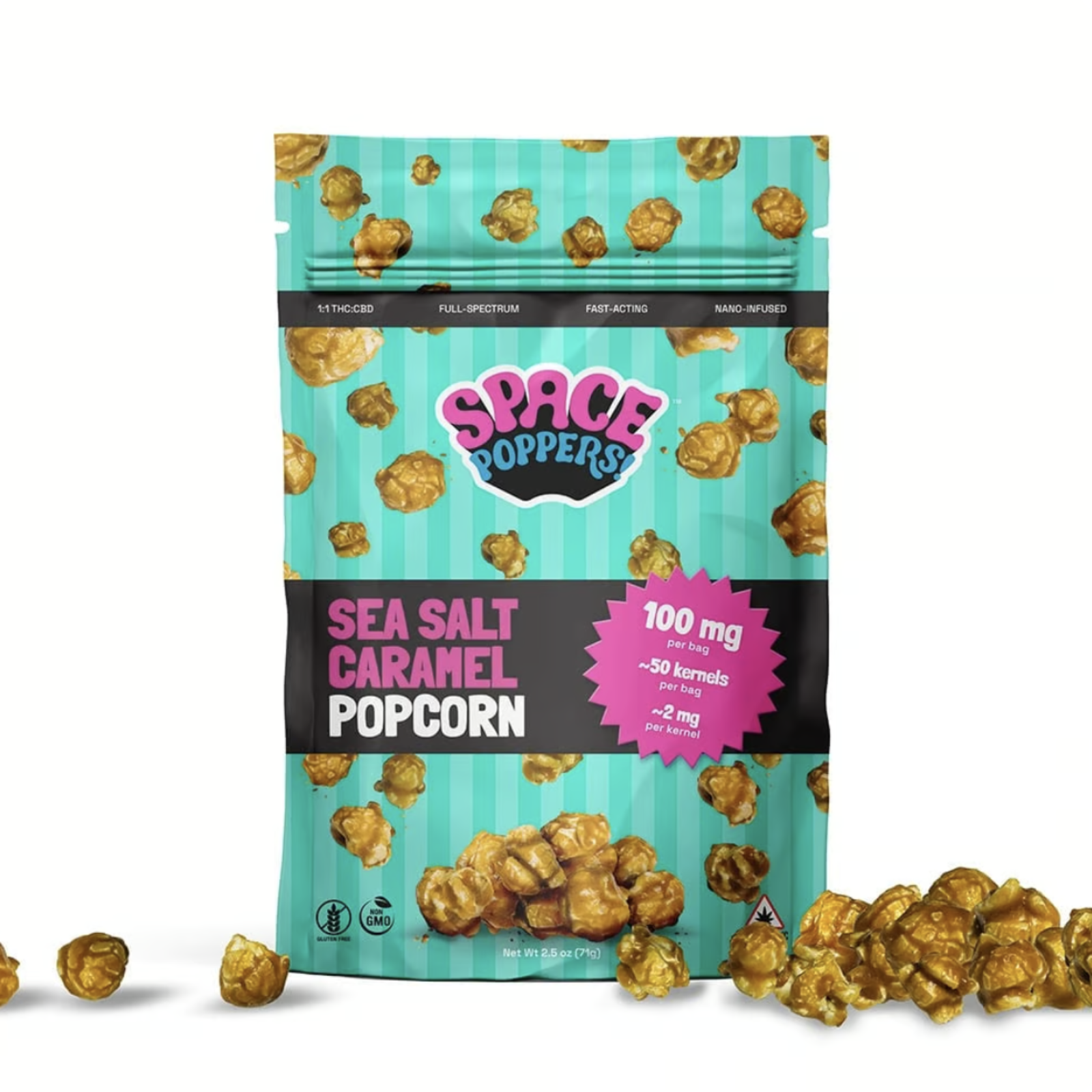 Photograph of product: 100mg Popcorn | 1:1 Sea Salt Caramel | Space Poppers