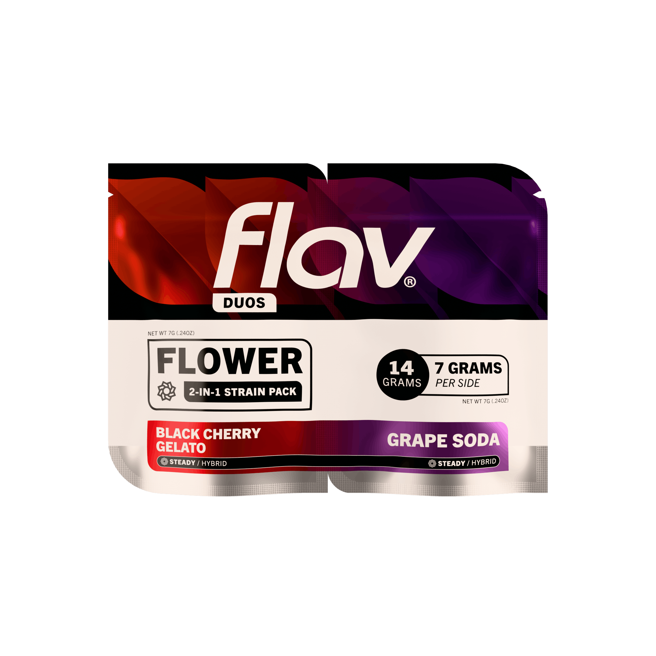 Photograph of product: Flav | Flower | Black Cherry Gelato X Grape Soda | Flav Duos | 7g + 7g | 14g | Hybrid | 25.36% + 23.19% TH-oui