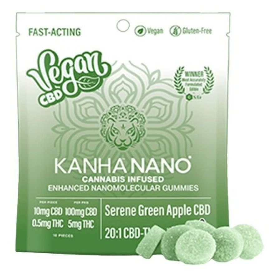 Photograph of product: Kanha Nano, 20:1 CBD:THC Gummies, Vegan Serene Green Apple